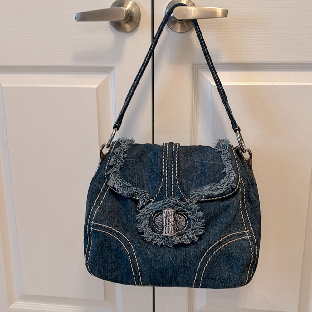 Prada Pattina Sottospalla Denim Fringe Large Flap Bag